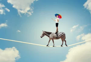 A whimsical image depicts a zebra walking on a tightrope against a bright blue sky with scattered clouds.