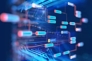 Abstract digital illustration representing a network or blockchain, with interconnected nodes and blocks, against a blue background.